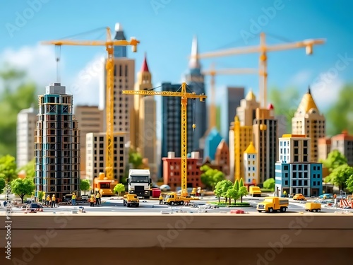Miniature city under construction with tiny buildings, cranes, and scaffolding. Perfect for urban planning concepts, model architecture, or creative toy visuals photo