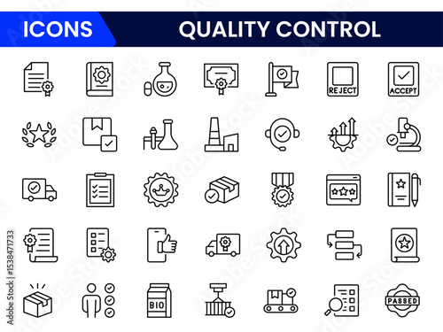 Precise vector web line icons depicting quality control, standards, inspections, testing, and assurance for consistent excellence in processes.