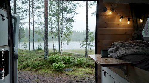 Rainy Lake View from Inside Camper Van – Cozy Interior with Tranquil Ambience and Relaxing Travel Loop Footage