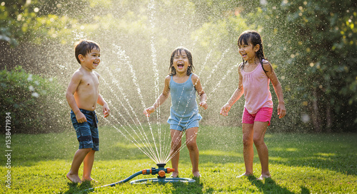 Three children playing joyfully in sprinkler on green grass  