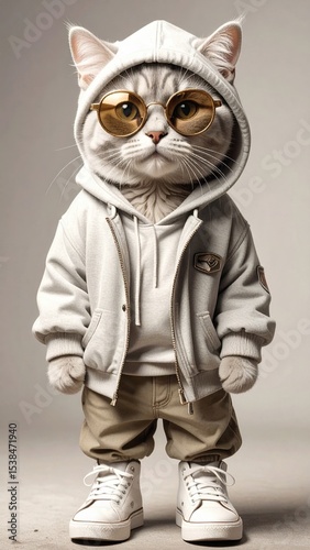 Cat wearing a hoodie and sunglasses standing