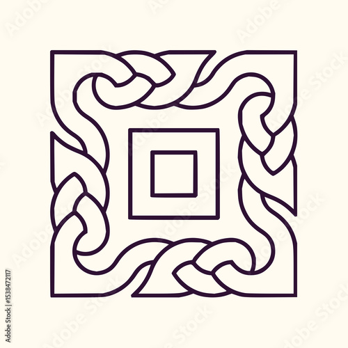 Minimilist square celtic knot design with inner square frame and interwoven pattern in simple line art style vector