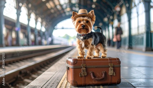 Small dog standing on top of a suitcase