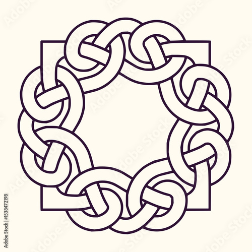 Minimilist interwoven circular knot design within a square frame creating a symmetrical and complex pattern art 99 chars vector