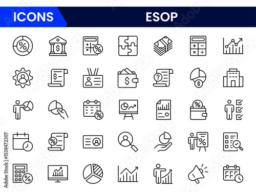 Sustainable vector web line icons depicting ESG principles, environmental care, social responsibility, governance, and ethical business practices.