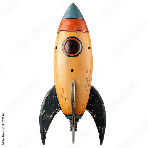 3D retro wooden rocket model, aged texture, classic shape, PNG transparent background, suitable for creative design