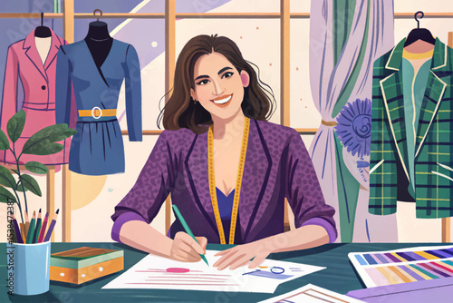 Fashion designer smiling at camera while sketching in creative studio vector, expressing style, innovation, artistry, and passion for modern clothing and design aesthetics