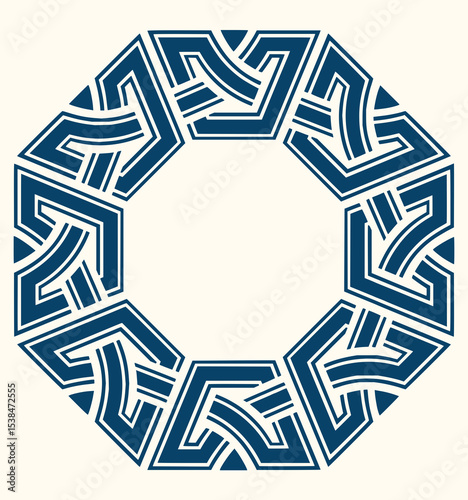 Minimilist geometric octagon shape with interwoven blue lines forming a complex repeating pattern around a blank space vector