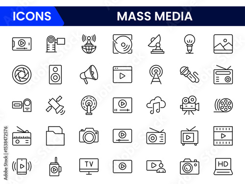 Dynamic vector web line icons depicting mass media, journalism, broadcasting, news, television, and digital communication for global information sharing.