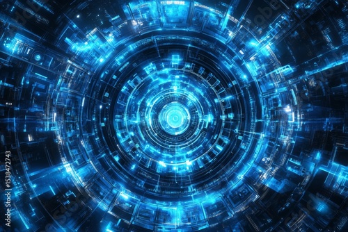 Abstract blue technology background with glowing circles and circular elements, vector illustration, dark color palette, futuristic tech style