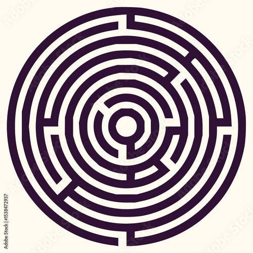 Minimilist circular labyrinth design with concentric rings and complex pathway in dark purple on a light background vector