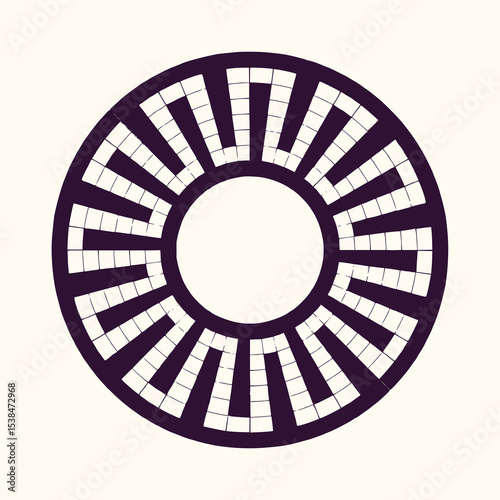 Minimilist circular geometric pattern with radial lines and square elements forming a maze like design in dark purple vector