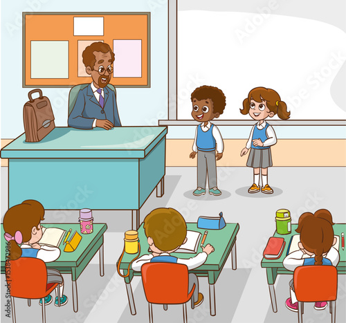 Classroom with students and teacher.students and teacher in classroom children learning education concept.vector illustration of Teacher Woman Teaching in Classroom 
