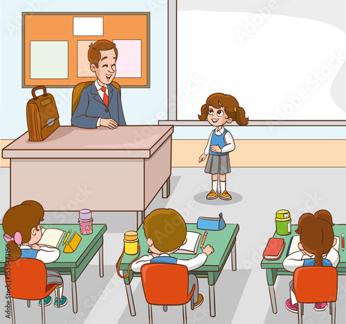 Classroom with students and teacher.students and teacher in classroom children learning education concept.vector illustration of Teacher Woman Teaching in Classroom 