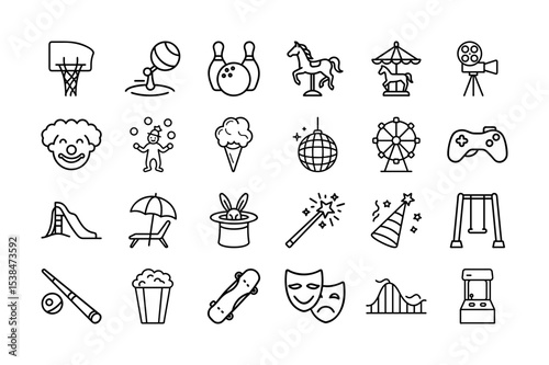 Entertainment Vector Icon Set. Featuring Sports, Amusement Parks, Clowns, Games, Parties, Magic, Music, and More Vector Illustration. Editable stroke . 