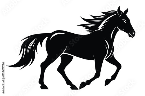 A silhouette of a majestic horse gallops forward with its mane flowing freely