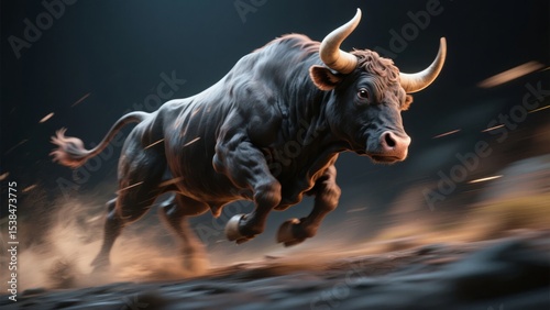 Powerful Bull Charging with Dust Stirring Underneath