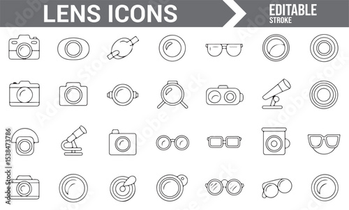 Optical equipment icons representing cameras, lenses, and magnification devices