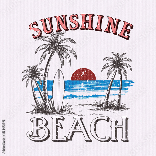 sunshine beach. Sunshine beach club graphic print design for t shirt print, poster, sticker and other uses. Sunny day at the beach. Ocean wave. Palm tree print artwork. Good vibe long beach. 