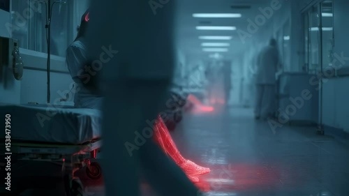 Wallpaper Mural Medical visualization depicts a tired nurse with glowing legs and brain, sitting on a gurney in a busy hospital corridor, symbolizing stress and overwork in healthcare Torontodigital.ca