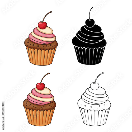 Different cartoon cupcakes set. Delicious muffins collection. Cupcake with chocolate, pink cream, cherry, strawberry 
