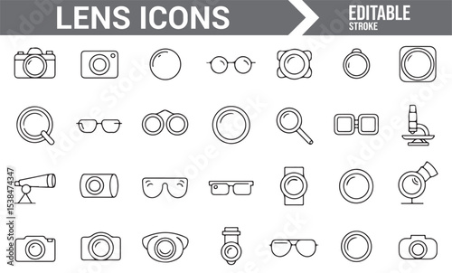 Vector icons for lens and optical equipment, including microscopes and telescopes