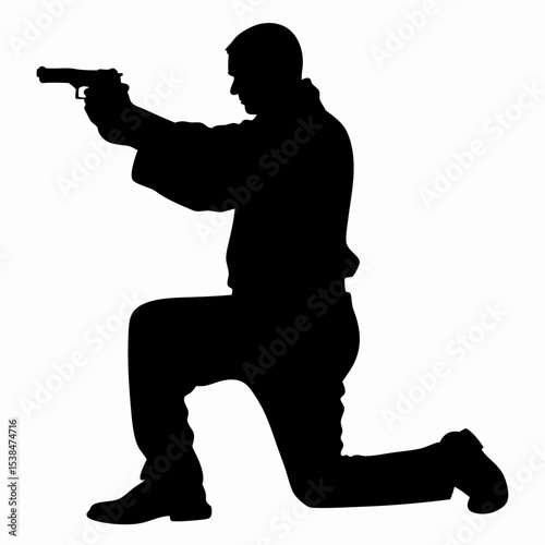 Silhouette of armed soldier kneeling and aiming pistol, tactical military pose on white background
