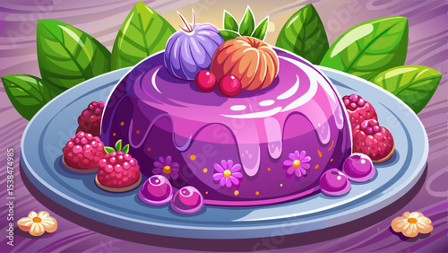 glossy lavender mousse dome cake with smooth mirror glaze garnished with raspberries and edible flowers on elegant table Very beautiful