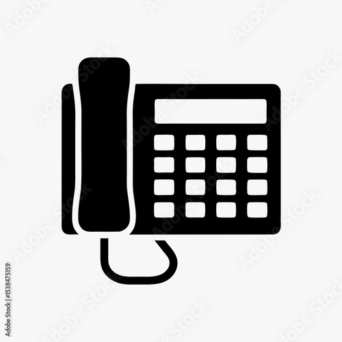 Office landline telephone icon in black and white, symbolizing communication, contact, and customer service

