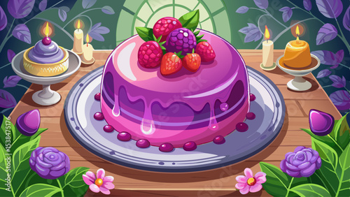 glossy lavender mousse dome cake with smooth mirror glaze garnished with raspberries and edible flowers on elegant table Very beautiful