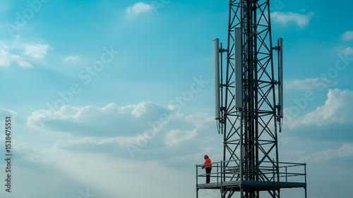 Daytime photo of a tall, dark gray metal lattice cellular tower with two large white cylindrical antennas