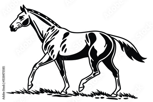 Graceful horse walking through the grass is captured in a black and white vector