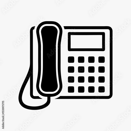 Office landline telephone icon in black and white, symbolizing communication, contact, and customer service
