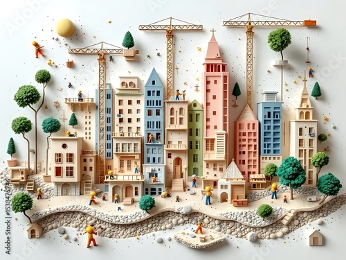 Miniature city under construction with tiny buildings, cranes, and scaffolding. Perfect for urban planning concepts, model architecture, or creative toy visuals photo
