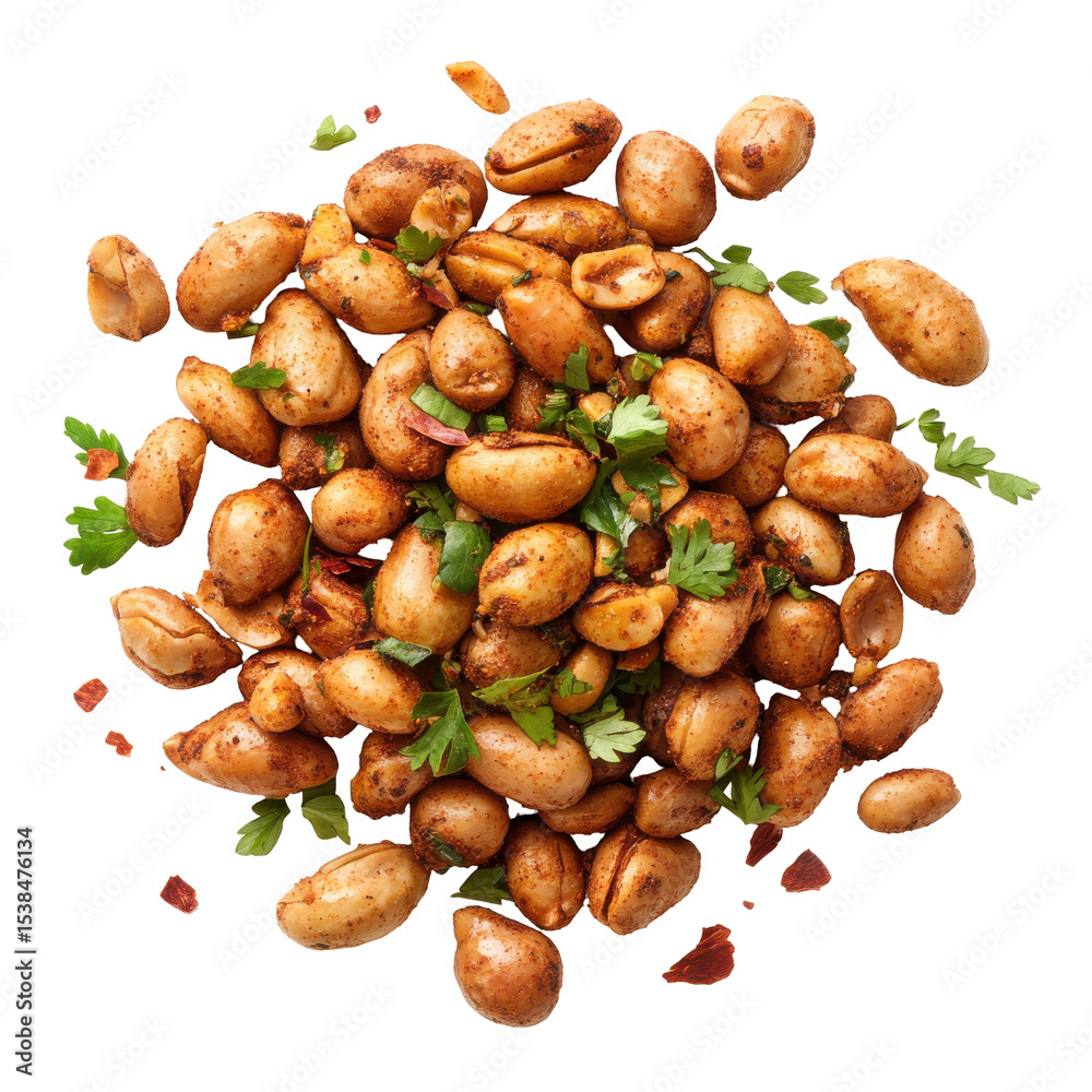 Fototapeta premium Spiced Roasted Peanuts with Fresh Cilantro and Seasoning for Flavorful Snacking on transparent background