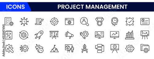 Organized vector web line icons depicting project management, timelines, tasks, collaboration, and efficient workflows for successful project execution.