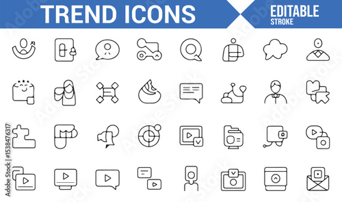 Set of line icons representing popular social media, video, and marketing trends.
