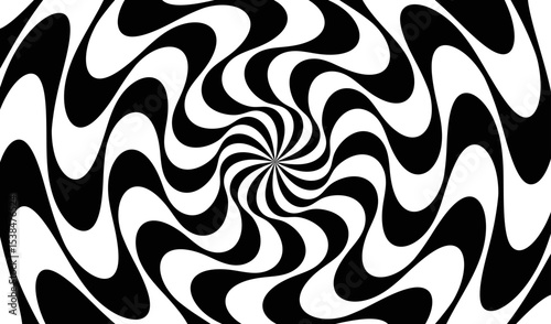 Pattern with optical illusion. Black and white design. Abstract striped background. Illustration for cover, card, postcard, interior design, banner, poster, brochure or presentation.