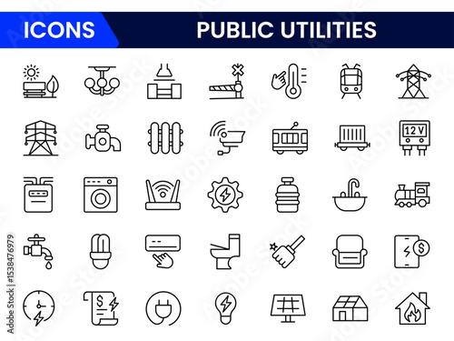 Essential vector web line icons depicting public utilities, water, electricity, gas, infrastructure, and services for community functionality and support.