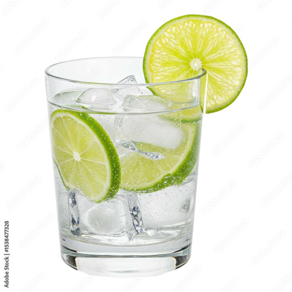 Fototapeta premium Clear Carbonated Beverage with Lime Slices and Ice in a Rocks Glass. Cut Out, Clipping Path on Transparent Background.