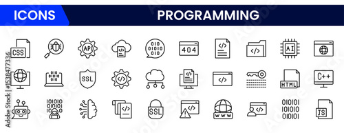 Sleek vector web line icons depicting coding, programming, algorithms, development tools, and innovative software solutions for digital creation.