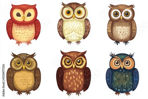 Unique collection of colorful vector owl illustrations showcasing different species with distinct features and playful designs suitable for various creative projects photo