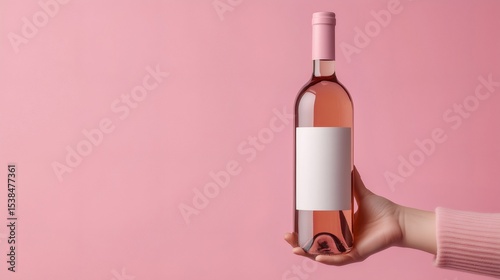 Hand holding rose wine bottle with blank label on pink background
