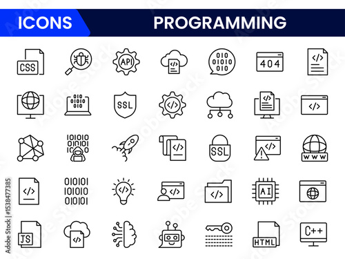 Sleek vector web line icons depicting coding, programming, algorithms, development tools, and innovative software solutions for digital creation.
