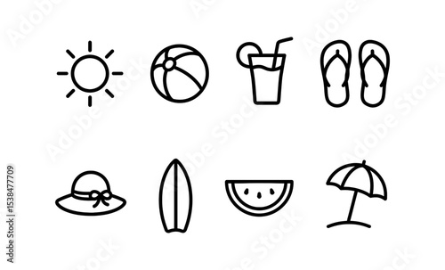 Summer icon set: sun, beach ball, refreshing drink, flip flops, sun hat, surfboard, watermelon, umbrella vector illustration