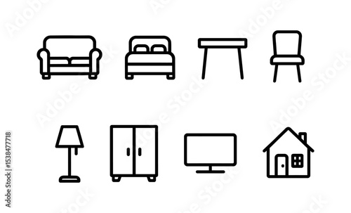 Minimalist line icons of home furniture and essentials for interior design projects vector illustration