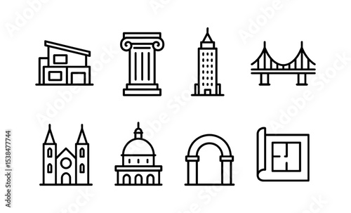 Minimalist architectural icon set: diverse building styles and structural designs vector illustration