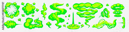 Smell cloud with cartoon smoke in fluorescent green neon colors isolated on transparent background. Stink and odor vector cloud with comic-style effects. Great for humor, games, and stickers