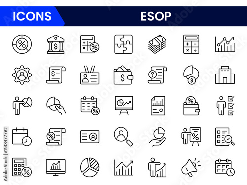 Strategic vector web line icons depicting ESOP, employee ownership, stock plans, benefits, and financial empowerment for workforce engagement.