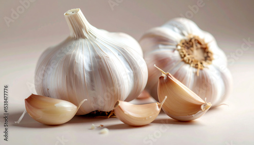 Fresh garlic bulbs and cloves on a neutral background, showcasing their natural beauty and culinary use.